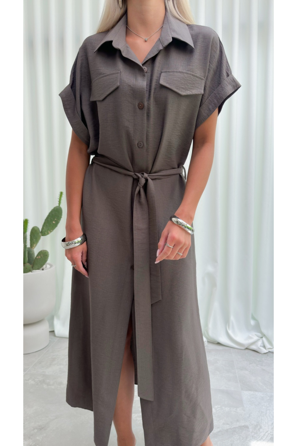 Sukienka Koszulowa Maxi Premium Wiązana w Pasie Elegancka Oversize Guziki Kieszenie - fango